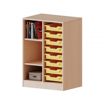 ErgoTray Regal, 2reihig, 2,5 OH, fahrbar, links 3 Fächer, rechts 8 flache Boxen, B/H/T 70,3x100x50cm 